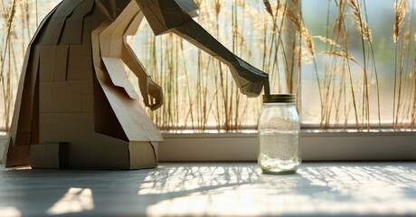 Poster - Cardboard robot pours liquid into glass jar. Sunlight creates shadows, soft lighting, window background. Peaceful scene.