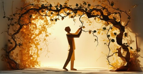 Aufkleber - Silhouette stands beneath archway covered with foliage. Warm light illuminates scene, creating dramatic effect. Minimalist style, peaceful mood.