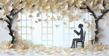 Poster - Silhouette reads book near window. Paper flowers bloom, creating whimsical scene. Light filters through delicate petals, peaceful ambiance.