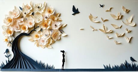 Poster - Papercraft depicts tree, birds, person. Delicate floral bloom contrasts dark silhouette. Peaceful scene evokes hope, freedom.