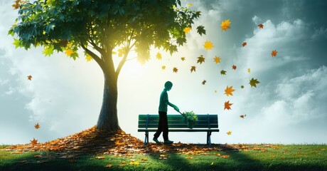 Aufkleber - Person near tree, bench. Falling leaves surround grassy field. Sunlight shines through clouds, creating peaceful scene.