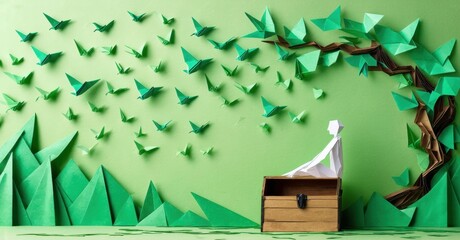Poster - Papercraft scene depicts mountains, trees, birds, figure near open chest. Green tones dominate composition, creating serene mood.