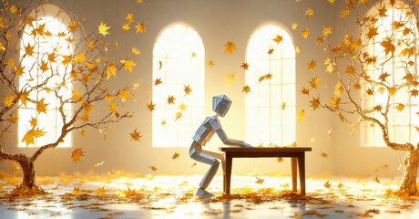 Poster - Figure sits studying at desk. Autumn leaves fall around room with large windows. Warm light creates cozy atmosphere.