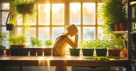 Poster - Indoor scene. Plants fill windowsill, bathed in warm sunlight. Geometric figure appears contemplative amidst greenery. Peaceful, serene atmosphere.