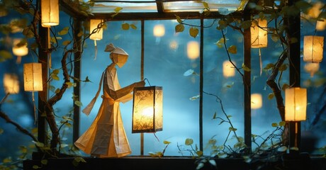 Aufkleber - Paper figure holds lantern. Window view shows glowing lights, branches, soft blue tones. Delicate scene evokes tranquility, mystery.