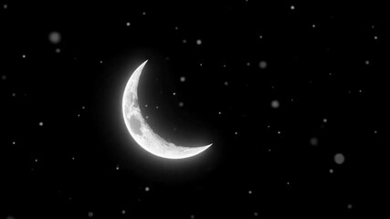 Wall Mural - Festive Minimalist Crescent Moon Background Glowing Orb Celestial Particles Orbiting 4K Resolution Black Void Space