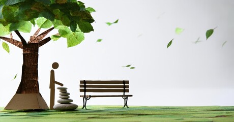 Poster - Papercraft scene depicts tree, person, stacked stones, bench. Peaceful outdoor setting, calm atmosphere, simple design.