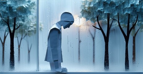 Poster - Paper figure stands sadly near window. Rain falls outside, trees visible. Somber mood, muted colors dominate scene.