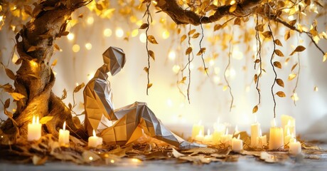 Aufkleber - Origami figure sits beneath tree, surrounded by glowing candles. Warm light creates peaceful, serene atmosphere. Delicate paper art.