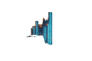 Aufkleber - Glitching cityscape at night, tall buildings with vibrant blue and orange lights, pixelated and distorted effect, futuristic aesthetic