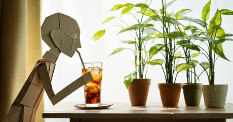 Poster - Paper figure enjoys iced drink near plants. Bright window light creates soft shadows, calm scene. Minimalist aesthetic, simple composition.