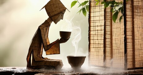 Aufkleber - Intricate paper cutout depicts person enjoying warm beverage. Soft lighting creates serene, peaceful atmosphere. Minimalist style, elegant composition.