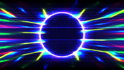 Poster - Glowing Blue Circle with Explosion Neon Burst Background