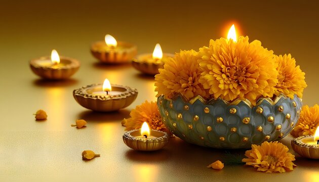 Diwali greeting card, diya, marigolds.