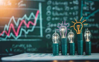 Poster - Light bulbs stand in front of a chalkboard with graphs, symbolizing innovation, ideas, and business growth.