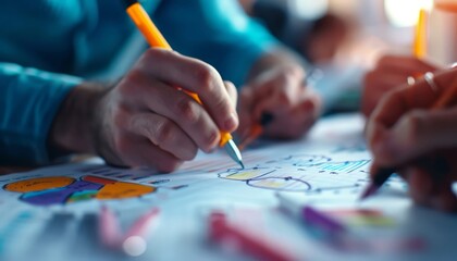 Poster - Collaborative hands sketching colorful charts and diagrams on paper with pens and pencils.