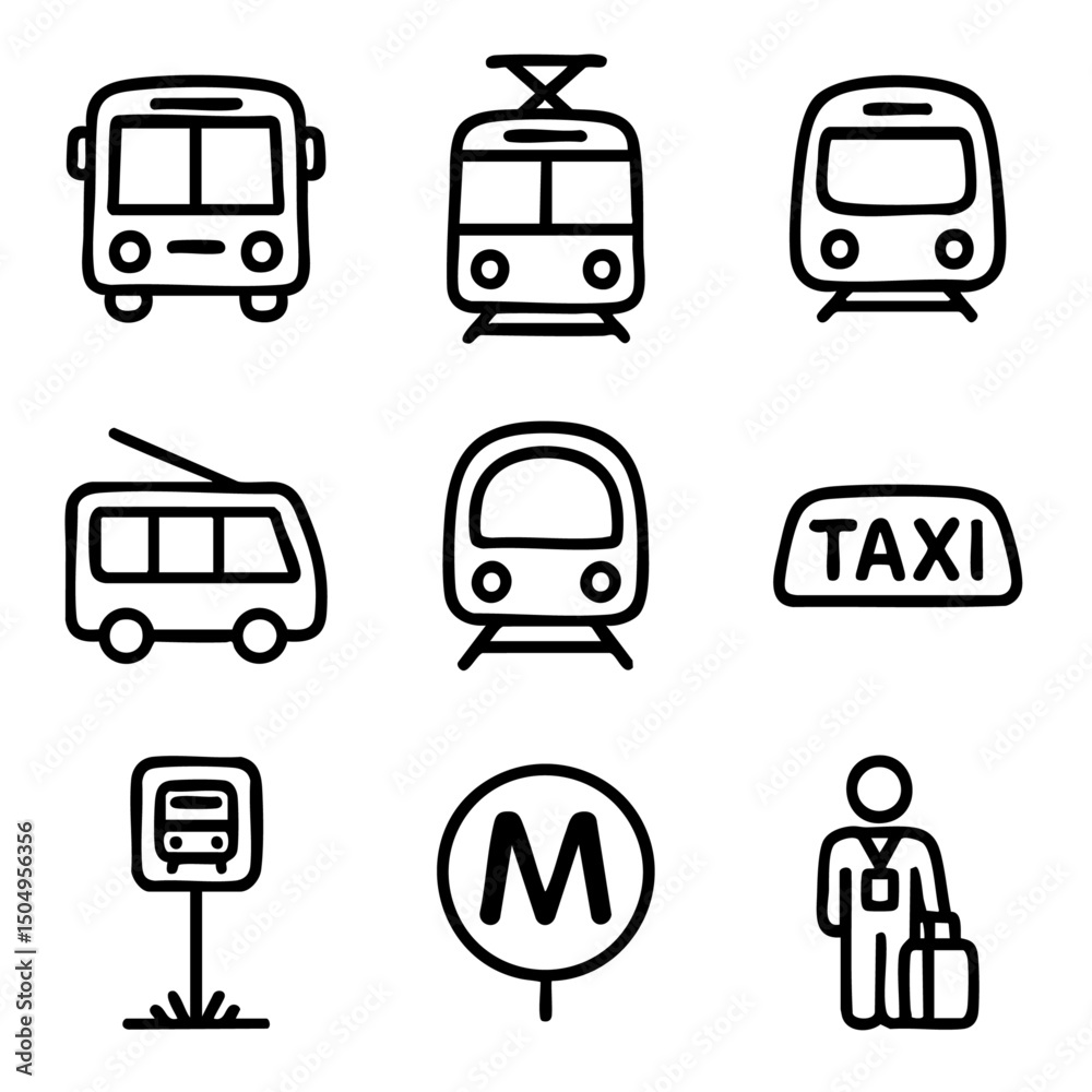 A set of doodle line icons showing buses, trams, metro, trolley, taxi ...