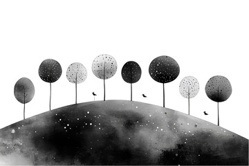 Poster - Stylized grayscale illustration of a small hill at night, dotted with round, sparsely-leafed trees under a star-speckled sky