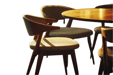 Poster - Warm sunlight illuminates a mid-century modern dining set; a round wooden table surrounded by upholstered chairs