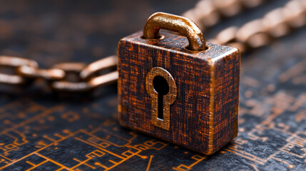 Leinwandbilder - Close up of metallic padlock with keyhole, symbolizing cybersecurity, is placed on circuit board background. image conveys sense of security and protection in digital world