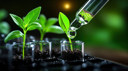 Poster - Young plants in glass containers are nurtured with pipette, symbolizing innovation in biotechnology and sustainable agriculture. vibrant green leaves contrast with dark soil