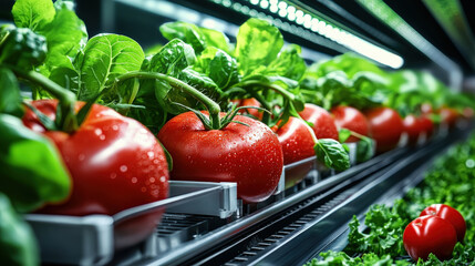 Aufkleber - Fresh tomatoes and leafy greens are thriving in modern vertical farming setup, showcasing sustainable agriculture and food security. vibrant produce is illuminated under LED lights