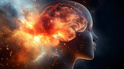 Poster - Human head silhouette against a colorful nebula background evoking cosmic imagination and wonder