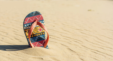 Colorful flip flop sandal with tribal pattern standing upright in smooth beach sand. Summer vacation footwear essential for seaside holidays and tropical beach relaxation