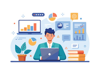Poster - Businessman analyzing data on laptop isolated on white background
