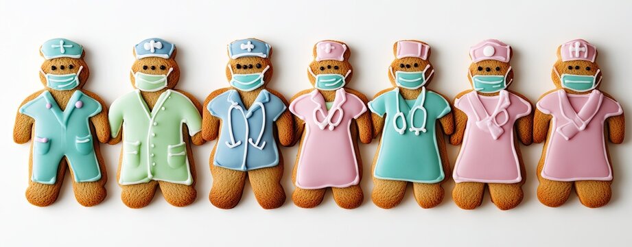 A group of gingerbread cookies wearing medical masks and doctors' coats, arranged in rows on a white background.
