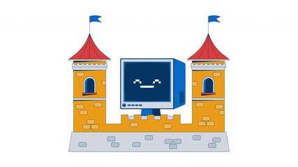 Poster - Computer protection 2D animation. Cybersecurity stronghold firewall. CRT monitor protected in digital fortress towers animated composition cartoon flat concept metaphor 4K video isolated on white