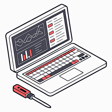 Vector illustration of laptop running diagnostic software, isolated on transparent white background