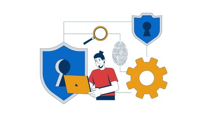 Poster - IT security workflow 2D animation. Digital protection loop. Identity access. Cybersecurity provider analyst holding laptop animated character cartoon flat concept metaphor 4K video isolated on white