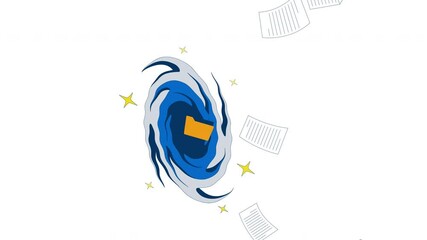 Poster - Files loss 2D animation. Data corruption. Accidental deletion. Swirling vortex with flying folders and documents animated composition cartoon flat concept metaphor 4K video isolated on white