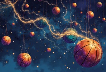 Aufkleber - Floating basketballs creating a constellation in a dark sky with vibrant colors