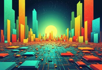 Poster - Colorful microchips creating a vibrant 3-D cityscape at sunset