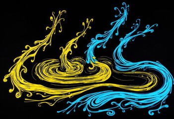 Fototapete - Neon outlines of swirling trunks in vibrant yellow and blue on black