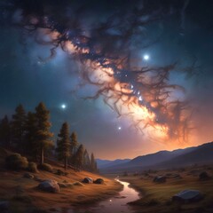 Illustration of wild landscape with milky way nebula and stars on the bright night sky.