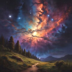 Illustration of wild landscape with milky way nebula and stars on the bright night sky.