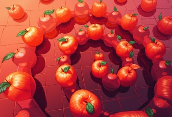 Fototapete - Endless apple icons rotating on a deep red grid, creating a vibrant visual effect