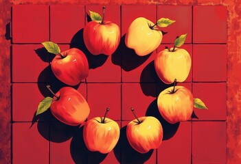 Aufkleber - Endless apple icons rotating on a deep red grid background