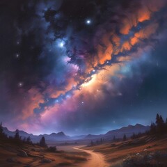 Illustration of wild landscape with milky way nebula and stars on the bright night sky.