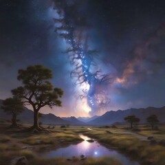 Illustration of wild landscape with milky way nebula and stars on the bright night sky.