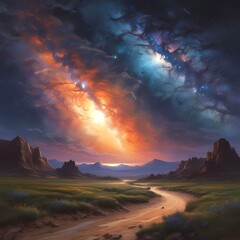 Illustration of wild landscape with milky way nebula and stars on the bright night sky.