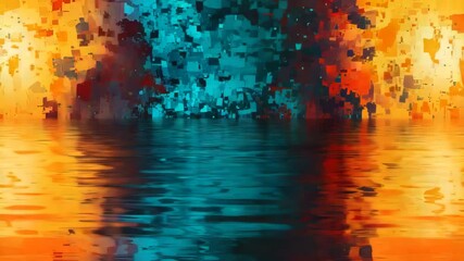 Poster - Vibrant sunset over tranquil water with colorful abstract background creating a peaceful atmosphere