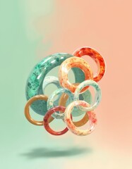 Fototapete - Interlocking glass rings floating over a soft pastel gradient background