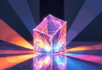 Poster - Glowing crystal cube refracting vibrant rainbow light in a dark setting