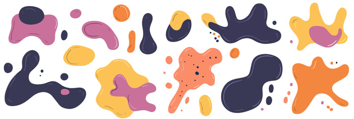 Poster - Abstract colorful liquid splash shapes collection in flat minimalist style with organic amoeba blobs and fluid irregular forms on white background vector illustration