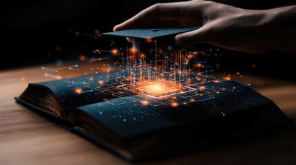 Poster - Open book with glowing digital data, hand lifting cover, futuristic technology, learning, innovation, creativity, dark background