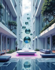 Aufkleber - Futuristic living room illustration featuring glassmorphism and floating orbs